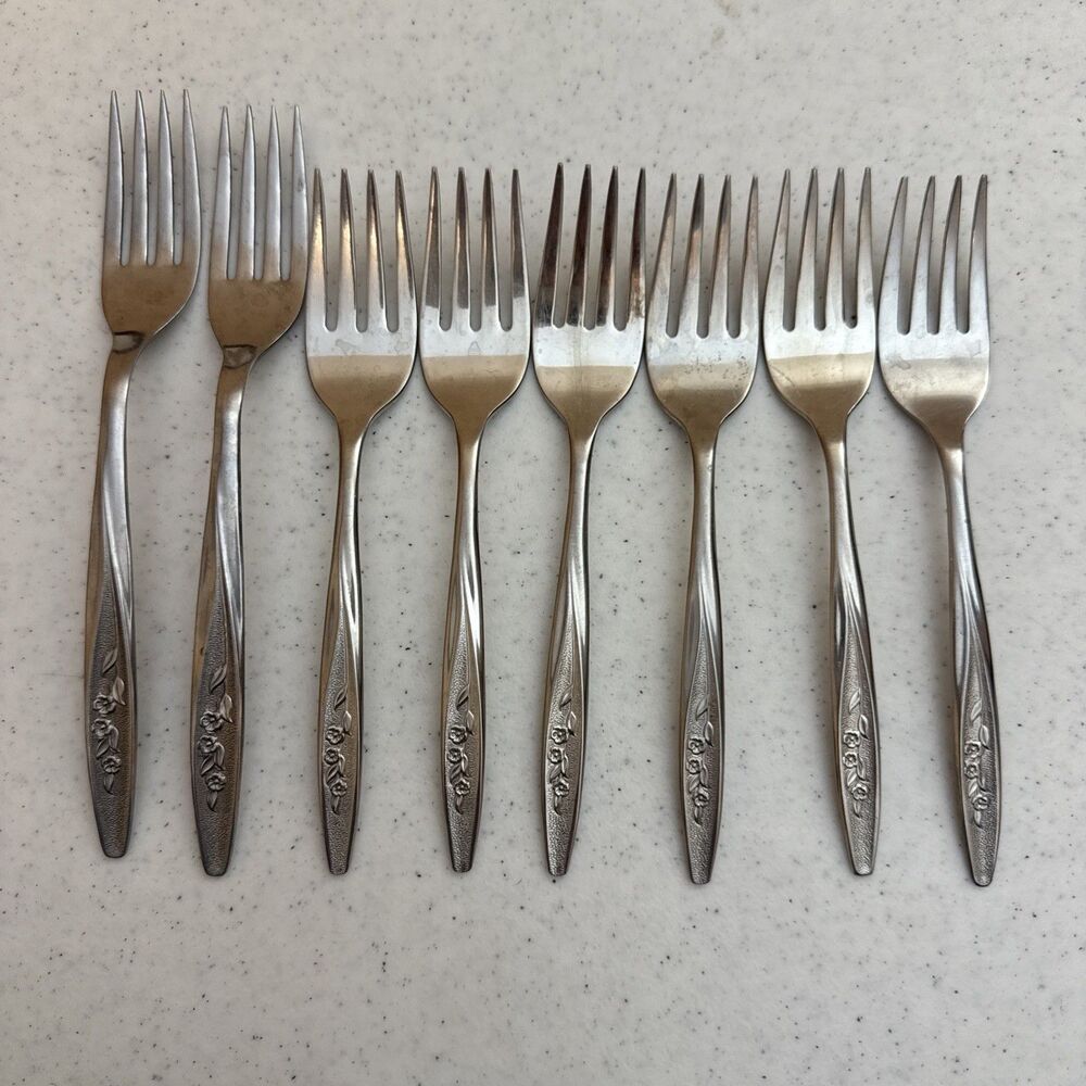 Lot of 8 SUPERIOR Stainless USA RADIANT ROSE Salad Forks Flatware